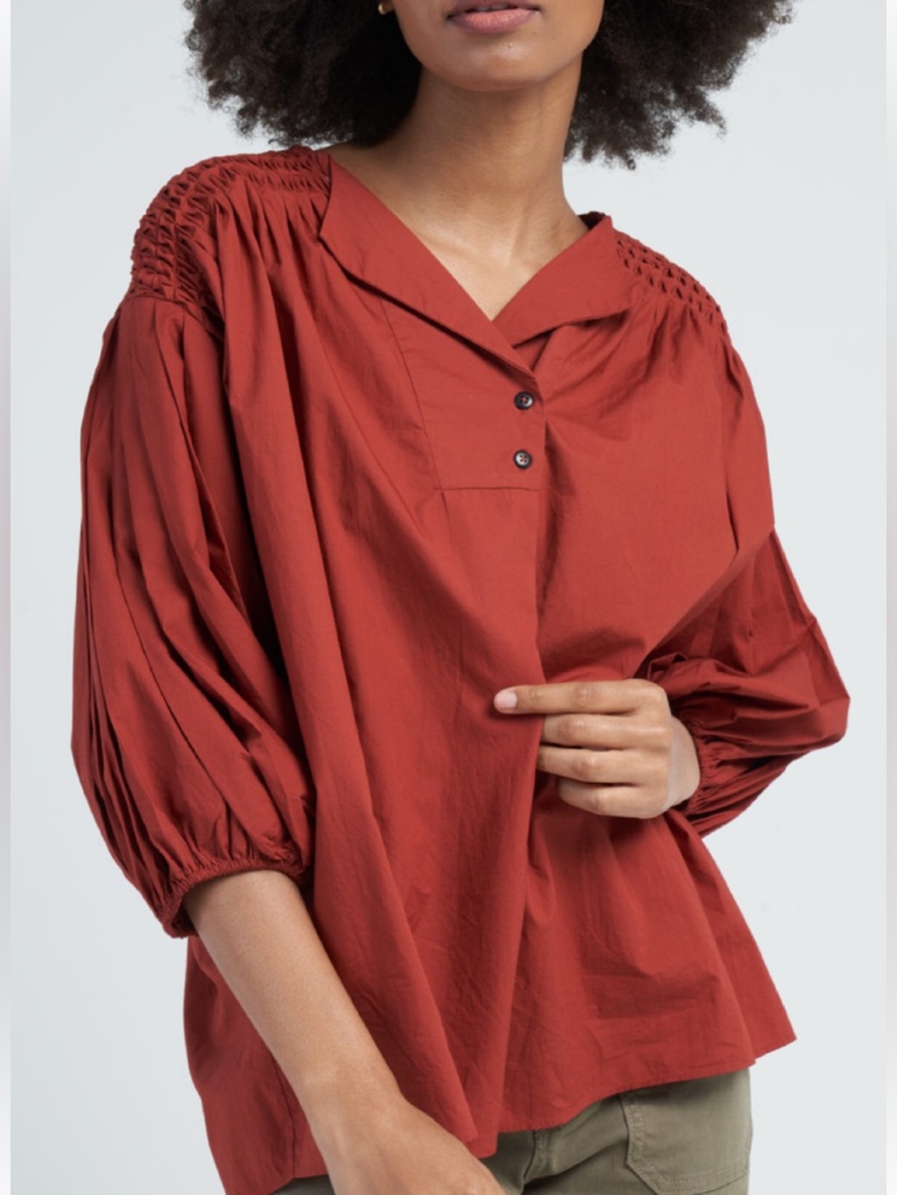 Merlette Dalen Top M Terracotta Pima Cotton Smocked Yoke Pleated Sleeve Blouse - Picture 7 of 9